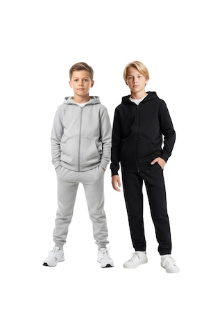 Panios Kids 2'li Fermuarlı Kanguru Cepli Kapüşonlu Düz Baskısız Erkek Çocuk Eşofman Takımı Gri - Siyah