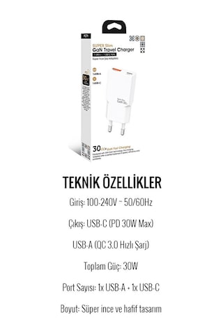 30w Gan Süper İnce Hızlı Şarj Adaptörü 1xusb 1xtype-c Pd 30