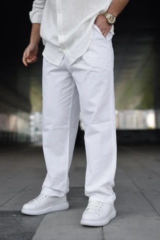 Butik İstanbul Erkek Ham Keten Beli Lastikli Cepli Regular Fit Boru Paça Pantolon - Beyaz
