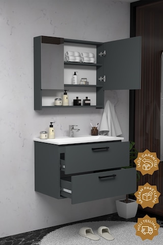 Teta Home Batum 80 Cm Mdf Banyo Dolabı Seti Antrasit