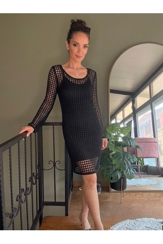 Ali Butik Siyah Uzun Kollu File Örgü Crochet Elbise