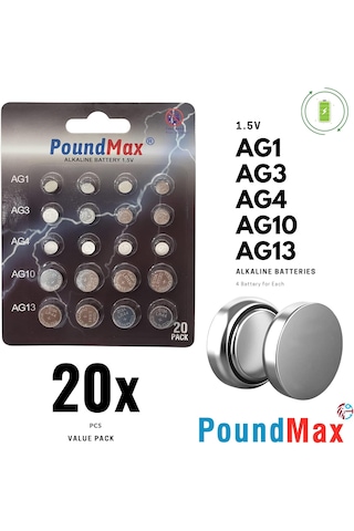 Poundmax 20 Adet Ag1,ag3,ag4,ag10,ag13 Alkalin Karışık Pil