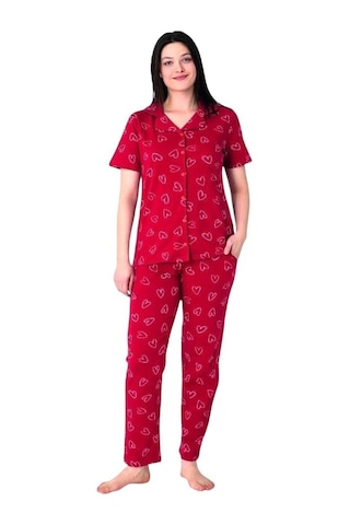 Estiva Kalpli Desen Önden Düğmeli Bayan Pijama Takım Kırmızı