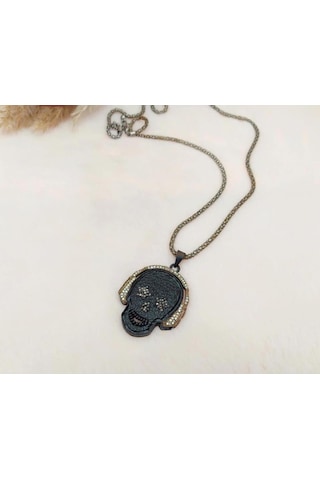 Hdmarketim Swarovski Taşlı Punisher Kurukafa Tema Tasarım Kolye Siyah