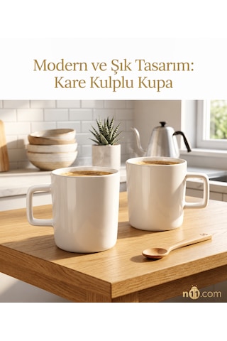2'li Modern Kare Kulplu Porselen Kupa Vavaplus Beyaz
