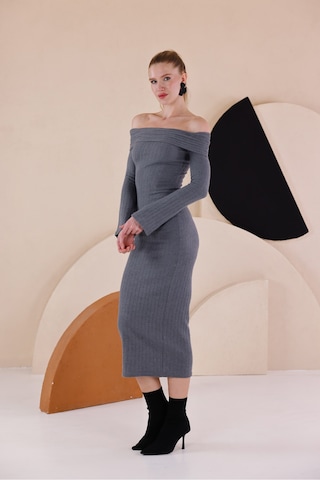 Madonna Yaka Dar Kalıp Uzun Kollu Elbise Füme