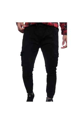 Erkek Jogger Beli Ve Paçası Lastikli Keten Siyah Kargo Pantolon Siyah