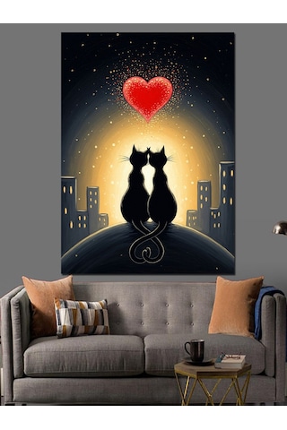 Ahşap Tablo İki Kedi Kalp Sevgisi Aşk Ve Şehir Çocuk Odası Tabloları