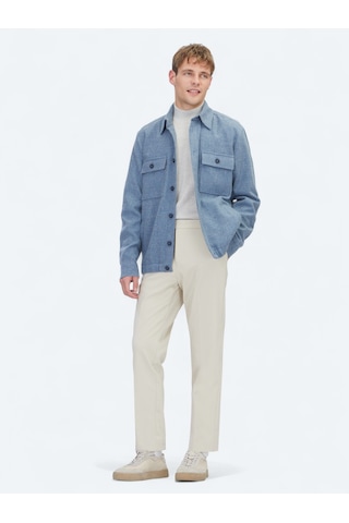 Kip Mavi Düz Regular Fit Uzun Dokuma Yün Karışımlı Overshirt