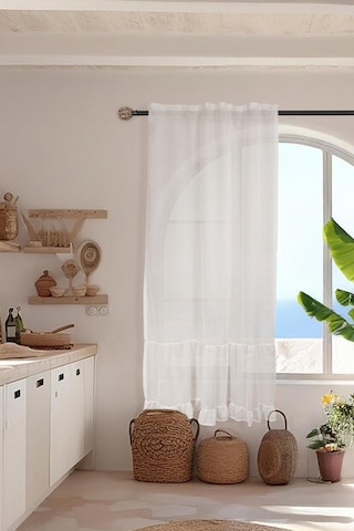 Fırfırlı Keten Tül Perde Tek Kanat Vintage Ekru