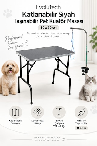 Pet Grooming Katlanabilir Siyah Taşınabilir Pet Kuaför Masası 80 Cm X 50 Cm