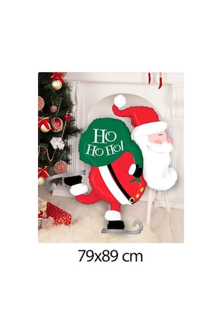 Yılbaşı Buz Pateni Yapan Noel Baba Hediye Çuvallı Folyo Balon 79x89 Cm Çok Renkli