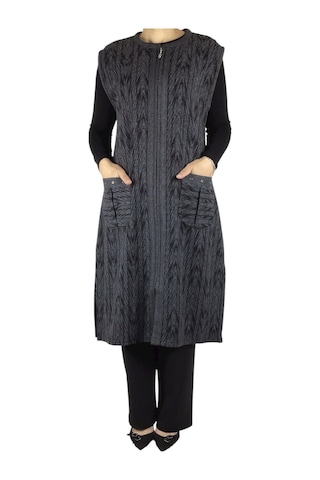 Önü Fermuarlı Desenli Cepli Kalın Kışlık Yelek Siyah