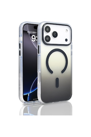 Zore Apple iPhone Uyumlu 17 Pro Max Kılıf M-safe Şarj Özellikli Transparan Renk Geçişli Omsy Toros Kapak - Siyah