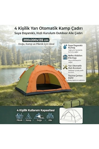 4 Kişilik Yarı Otomatik Kamp Çadırı Suya Dayanıklı, Hızlı Kurulumlu Outdoor Aile Çadırı, Doğa, Kam Çok Renkli