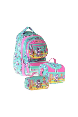 Kaukko Kids Cat Bike Yeşil - Pembe Renk Kız Çocuk Üçlü İlkokul Okul Çantası Seti/takımı - Setkk-l5328a Çok Renkli