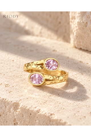 Riody Regard Rosé Gold Kaplama Pembe Kedi Gözü Taşlı Ayarlanabilir Açık Kadın Yüzük Altın Sarısı