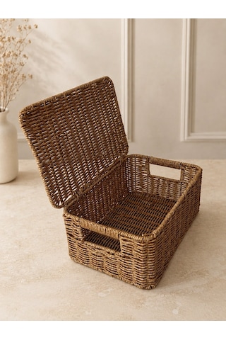 Morponi Rattan Kapaklı Düzenleyici Sepet Çok Amaçlı Banyo Ve Mutfak Organizeri 30x20x12 Cm Tk Sarı