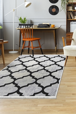 Dijidekor Dekoratif Dijital Saçaklı Kesme Halı Yolluk Yıkanabilir Antialaerjik Maça Gri 60x150