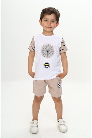 Toontoy Erkek Çocuk Örümcek Detay Baskılı Şortlu Takım Bej