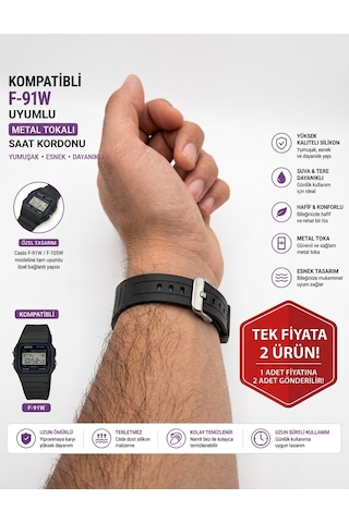 Casio F-91w F-105w Uyumlu Metal Tokalı Silikon Saat Kordonu Siyah