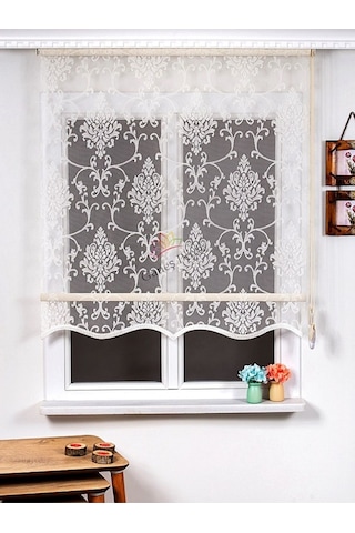 Çiçek Desenli Tül Zebra Perde Eteği Dilimli 28n32 Alüminmyumkasa Ekru