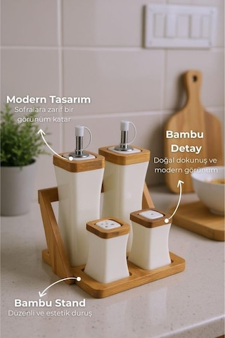 Bambum Shaggy - Bambu Standlı Yağlık Sirkelik Tuzluk Ve Biberlik Beyaz - Kahverengi