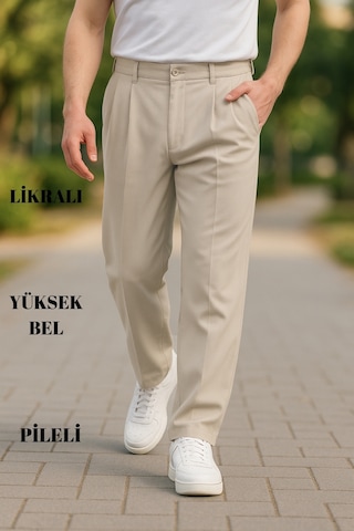 Cedy Denim Yüksek Kalite Erkek Yüksek Bel Pileli Baggy Chino Pantolon C358 Bej