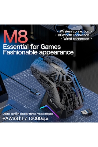Smailwolf M3 Pro Plus Kablosuz Oyuncu Mouse Paw3311 Sensör - 3 Modlu 12000 Dpı Manyetik Şarj Standlı Rgb 65g Ultra Hafif Fare 1000hz 1k Hız M8 Contour
