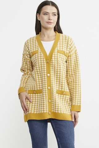 Kazayağı Motif Oversize Triko Ceket - Güneş 001
