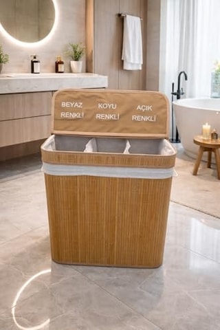 Lüks Bambu 3 Bölmeli Çamaşır Kirli Sepeti 52x32x60cm Büyük Boy 100 Lt Sarı Çok Renkli