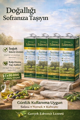 Premium Edremit Naturel Sızma Zeytinyağı Soğuk Sıkım 4x5 Litre Teneke