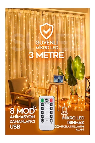 3x2 Metre Kumandalı Rgb Perde Led - Çok Renkli Peri Led Işık Dekarosyon Süsleme Sarı