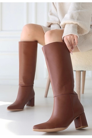 Roksa Taba Cilt Topuklu Çizme Taba