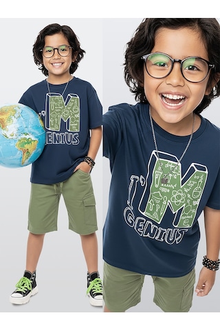 Denokids Erkek Çocuk Takım Bilim Baskılı Pamuk T-shirt Gabardin Dokuma Şort Yazlık Takım Çok Renkli