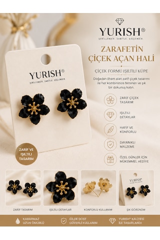 Kadın Sedefli Çiçek Figürlü Mineli Model 2'li Küpe Siyah