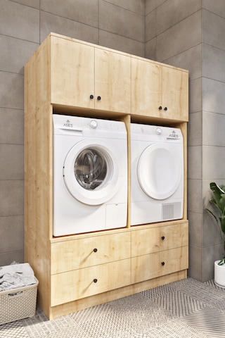 Ases Mobilya Ases Elz533 Çamaşır Makinesi Ve Kurutma Makinesi Extra Boy 4 Kapak 4 Çekmece Banyo Dolabı Beyaz Safir Meşe