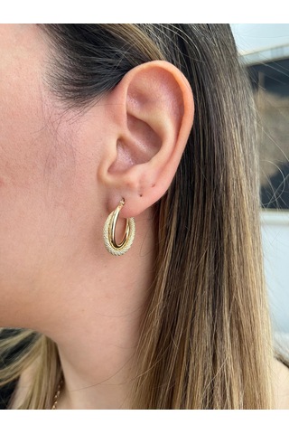 Altın Nesil 14 Ayar Altın Kumlu Çift Halka Yuvarlak Küpe Sarı Altın