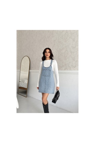 Kene Jeans Kadın Mavi Kanguru Cep Bahçevan Kot Elbise Mavi