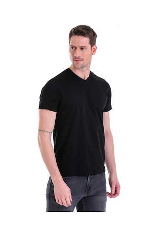 Hatemoğlu Siyah Düz Slim Fit 100% Pamuk V Yaka Tişört Siyah