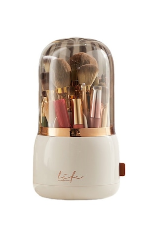 Wezone Beyaz Döner Kuruşluklu Makyaj Fırçası Saklama Kutusu - Evde Makyaj Ürünlerini Koruyan, Kolay Erişimli Organizer Beyaz
