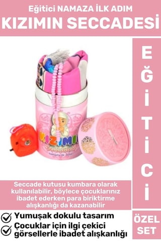 Çocuk İbadet Eğitici 3 Parça Seccade Tesbih Kumbara Tasarım Namaza İlk Adım Kızımın Seccadesi