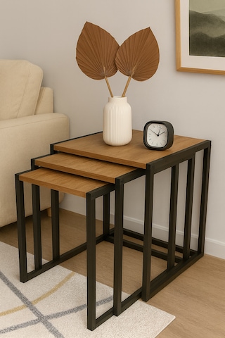 Clevernest 3lü Zigon Sehpa Ahsap Ve Metal - Çam Rengi Çam