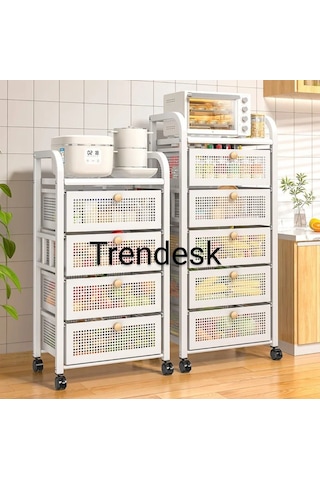 Trendesk 5 Katlı Metal Siyah Çekmeceli Tekerlekli Sebze Meyve Sepeti Mutfak Organizer Düzenleyici