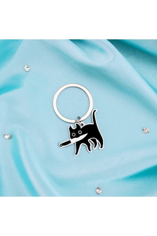 Geeksen Kedi Figürlü Anahtarlık - Siyah Bıçaklı Köpekbalığı Desenli, Unisex Dekoratif Hediyelik Aksesuar