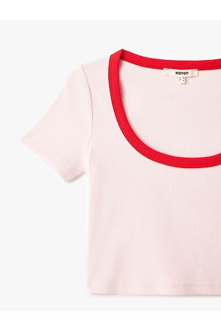 Koton Pamuklu Slim Fit Kontrast Detaylı Kısa Kollu U Yaka Fitilli Crop Tişört Pembe 5sak50342ek Gül
