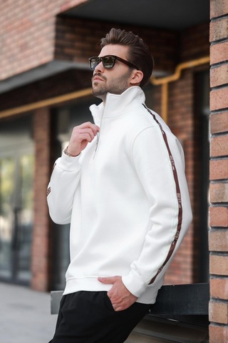 Madmext Ekru Fermuarlı Yarım Balıkçı Yaka Erkek Sweatshirt E7164 Ekru