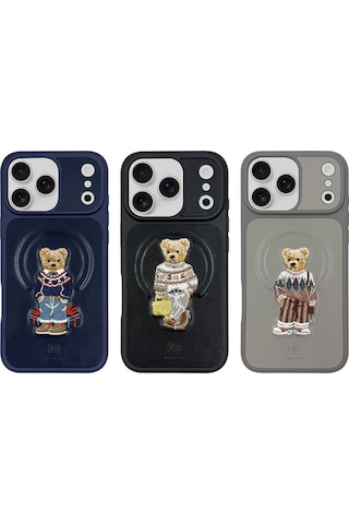 Zuckbear iPhone 17 Pro İçin Kılıf 3d Figürlü Pu Deri Yüzey Manyetik Şarj Destekli Kapak Aristo Titan Gri