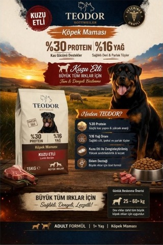 Teodor Kuzu Etli Büyük Irk Yetişkin Köpekler İçin 15 Kg %30 Protein %16 Yağ İçeren Köpek Maması