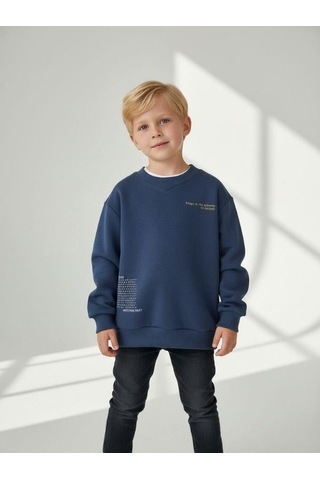 Zekids Erkek Çocuk Pamuklu V Yaka Baskılı Sweatshirt-16702 Indigo